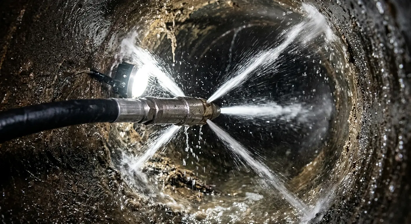 High-pressure hydro jetting nozzle cleaning sewer pipe for Trenchless Sewer Repair in Turpin Hills