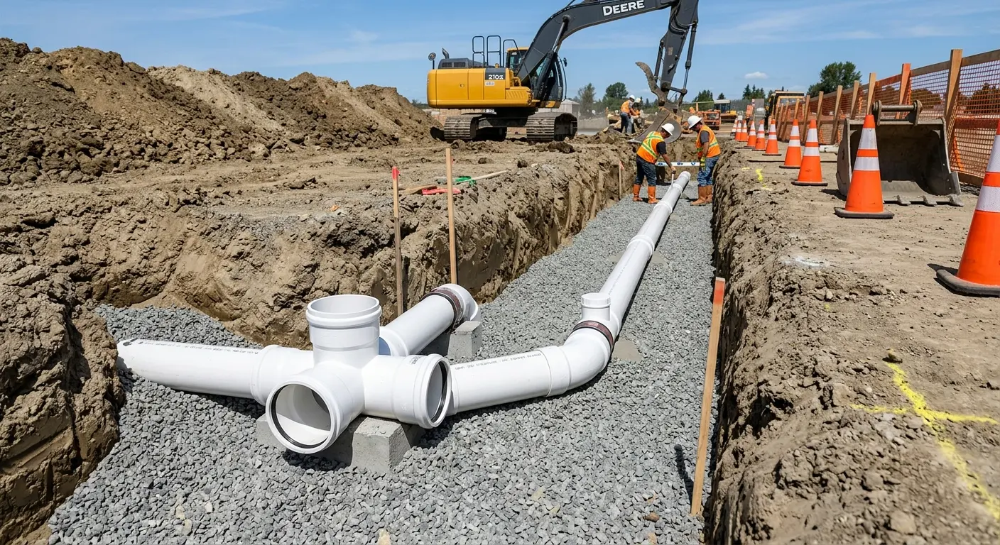 New PVC sewer pipe installation in open trench for Sewer Backup in Turpin Hills
