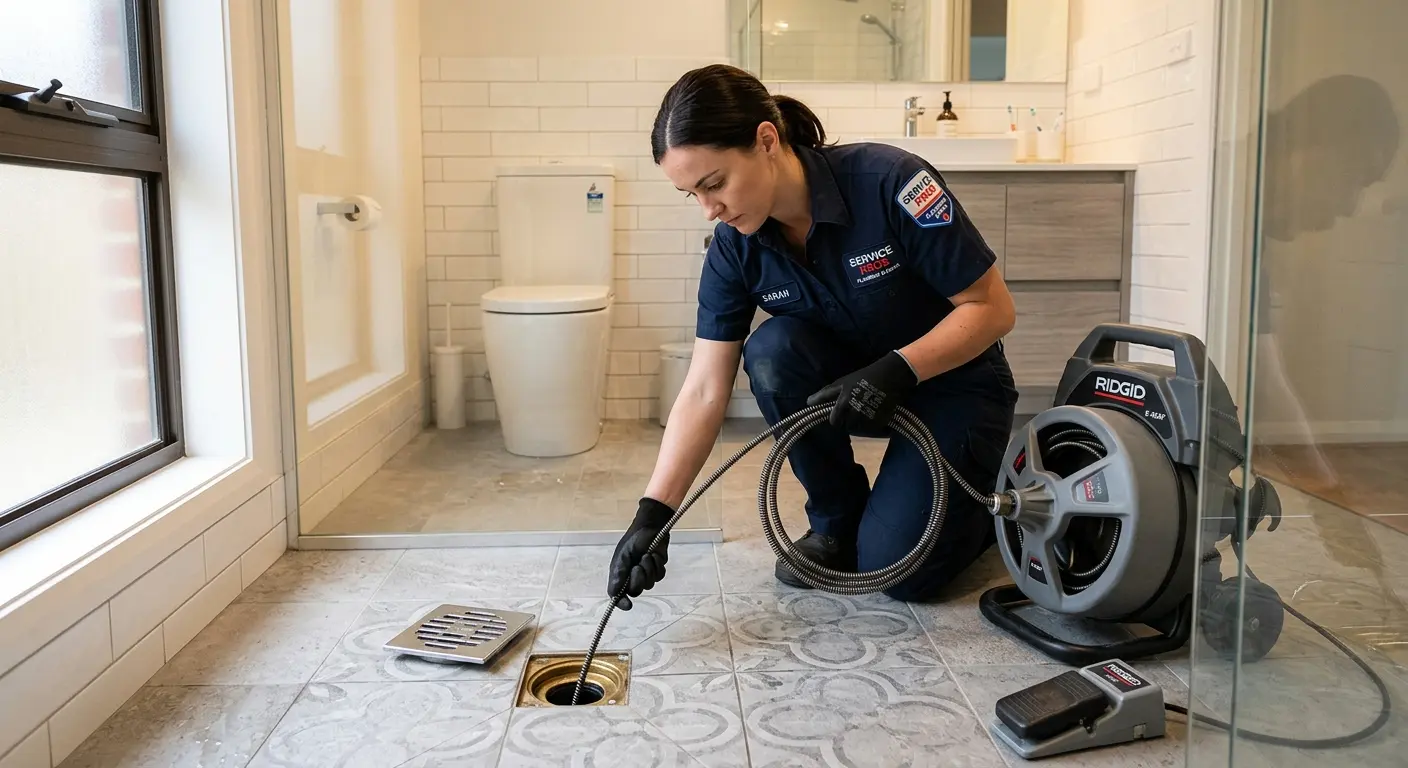 Technician clearing a bathroom floor drain for Hydro Jetting in Turpin Hills